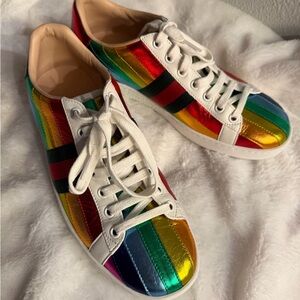 New Gucci Rainbow Stripe Leather Sneakers - Multicolor